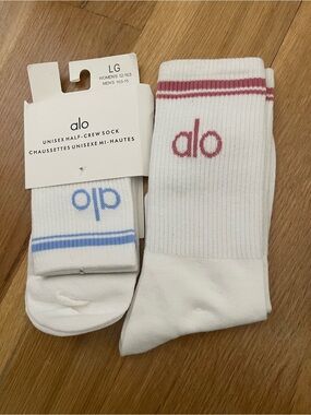 LG Alo White Crew Socks with Pink & Blue Logo Accents